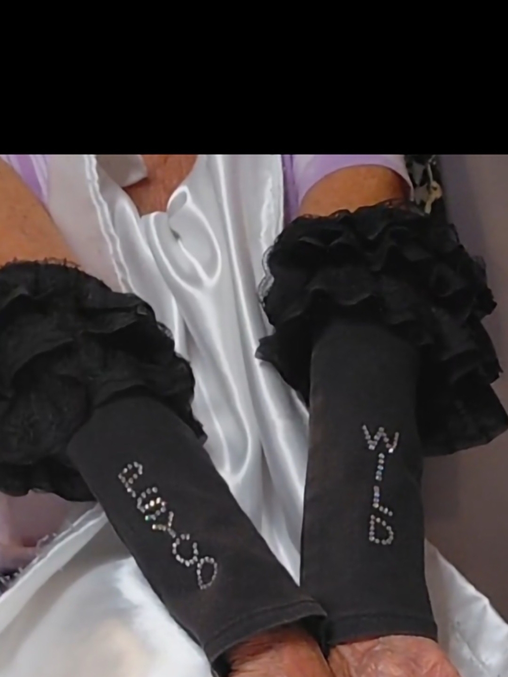 Black Ruffle Arm Warmers with Rhinestone Lettering